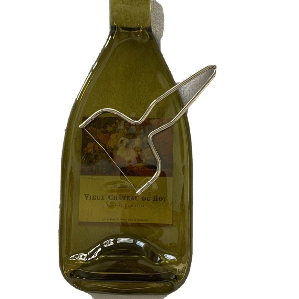 Green Glass Wine Bottle cheese cutting board with Vieux Chateau Du Roi Accent